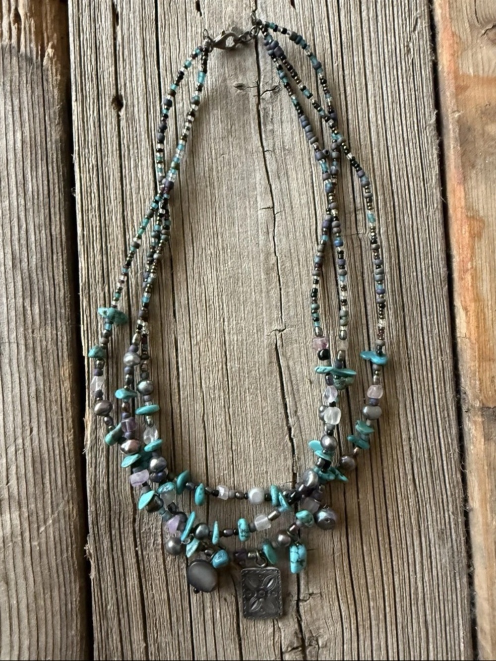 Peyote Bird 3-Strand Sterling Multi-Stone Pearl & Seed Beads Necklace w/Pendant